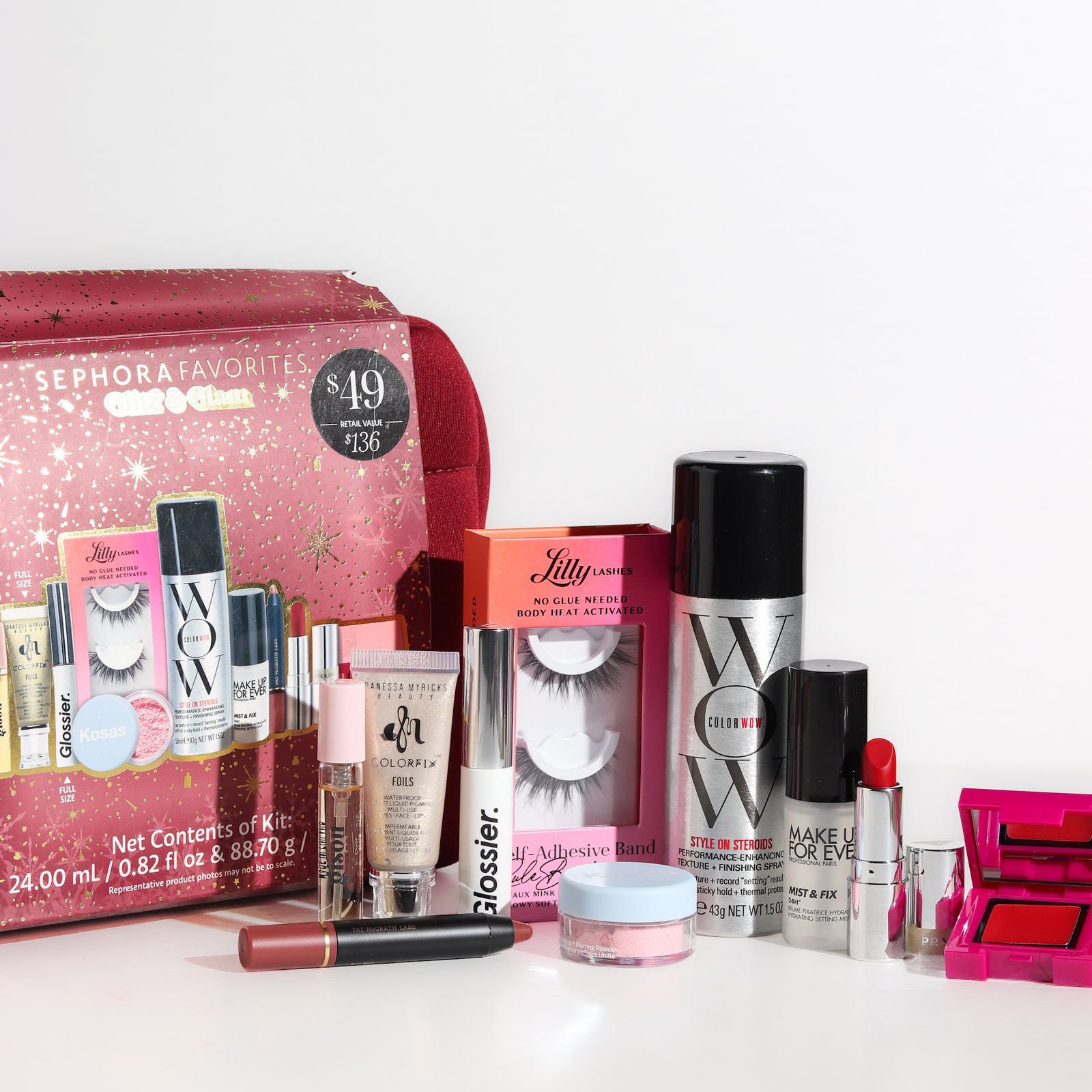 Glitz&Glam Makeup Set Danessa Myricks Beauty Colorfix Milkway 10ml Basma The Cream Blush Cherry Red 1.2g Kosas Cloud Set Loose Powder Candy Pink 1g Prada Beauty Hyper Matte R28 Red 1.3g Color Wow Style On Steroids Texture Spray 43g Make Up For Ever Mist&Fix 10ml Gisou Honey Infused Hair Perfume 4ml Pat Mcgrath Labs Dramatique Mega Lip Pencil Nude Oasis 2.4ml Glossier Boy Brow Clear 3.8g Lilly Lashes Self Adhesive Lashes Rule Breaker full size