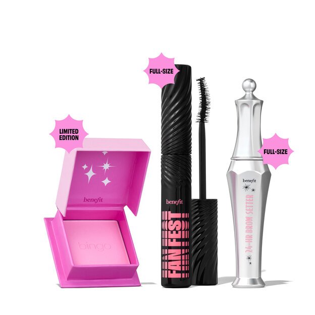 Beng Bingo Set Fan Fest Fanning & Volumizing Mascara Full Size 8.5g 24HR Brow Setter Clear Brow Gel Full Size 7ml Bingo Bright Pink Blush Mini Size 2.5g