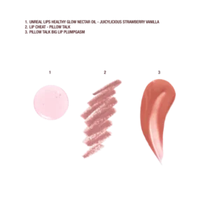 Juicy, Plumper-Looking Lips Kit Mini Unreal Lips Strawberry Vanilla 7ml Full Size Pillow Talk Big Lip Plumpgasm 5.5ml Mini Pillow Talk Lip Cheat 0.8g