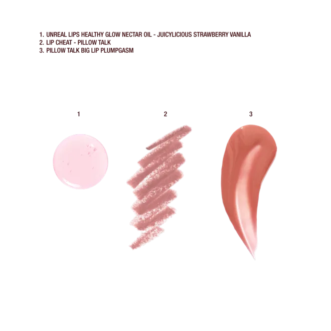 Juicy, Plumper-Looking Lips Kit Mini Unreal Lips Strawberry Vanilla 7ml Full Size Pillow Talk Big Lip Plumpgasm 5.5ml Mini Pillow Talk Lip Cheat 0.8g